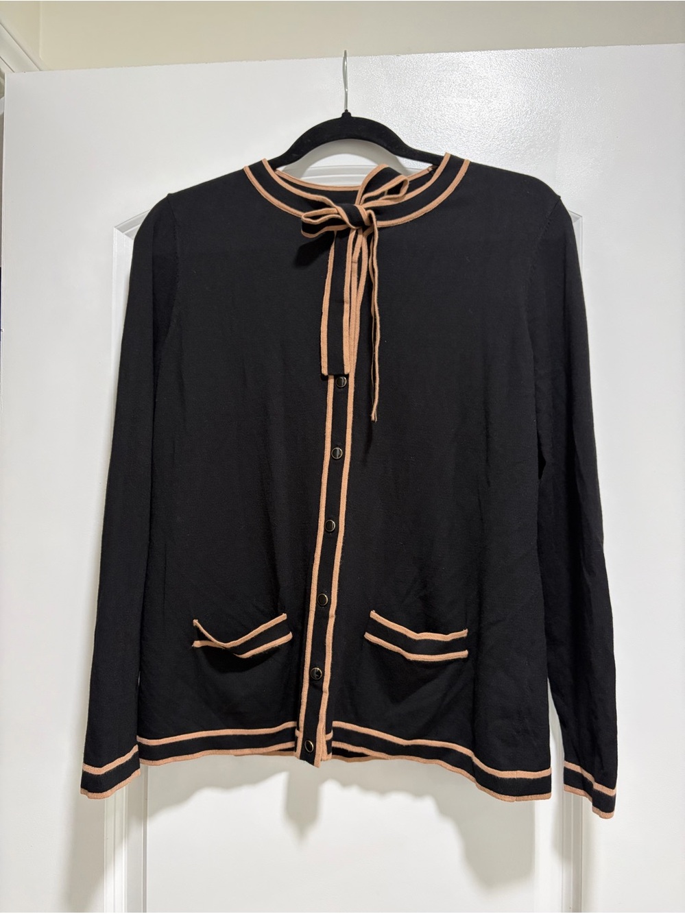 Talbots Black & Tan Tipped Tie-Neck Bow Cardigan Sweater Size PM.